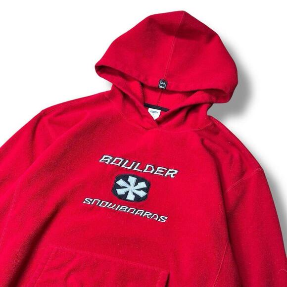 VTG Y2K Old Navy Skate Polar Fleece Boulder Snowboards Hoodie Sweatshirt Red XL - Picture 2 of 9